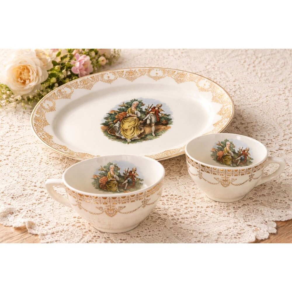 Stetson 22KT Gold Oval Platter + 2 Vintage USA Teacups Romantic Courting Scene